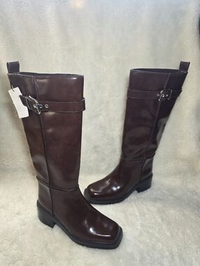 NWT Zara Contrast Topstitch Knee-High Boots | Burgundy Red | Size 7.5